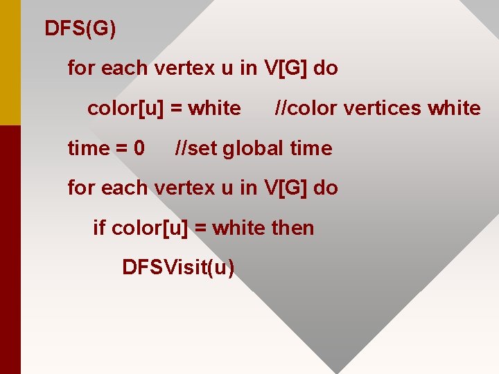 DFS(G) for each vertex u in V[G] do color[u] = white time = 0