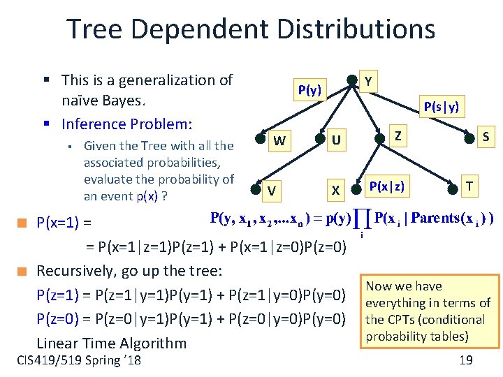 Tree Dependent Distributions § This is a generalization of naïve Bayes. § Inference Problem: