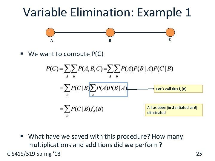 Variable Elimination: Example 1 A A B C § We want to compute P(C)