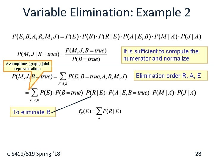 Variable Elimination: Example 2 Assumptions (graph; joint representation) It is sufficient to compute the
