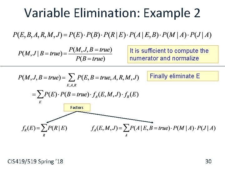 Variable Elimination: Example 2 It is sufficient to compute the numerator and normalize Finally