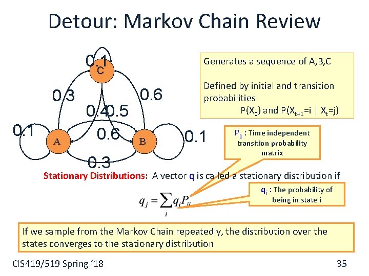 Detour: Markov Chain Review 0. 1 C 0. 3 0. 1 A 0. 40.