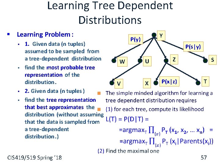 Learning Tree Dependent Distributions § Learning Problem : § § 1. Given data (n