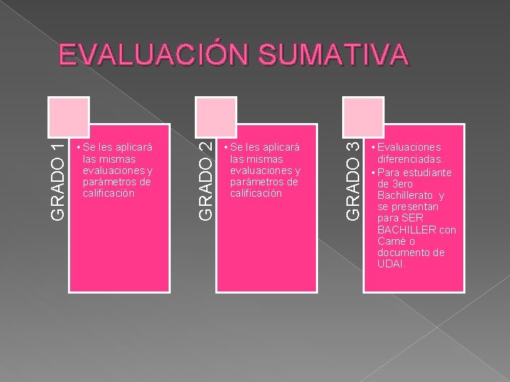  • Se les aplicará las mismas evaluaciones y parámetros de calificación GRADO 3