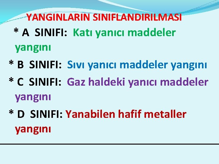YANGINLARIN SINIFLANDIRILMASI * A SINIFI: Katı yanıcı maddeler yangını * B SINIFI: Sıvı yanıcı