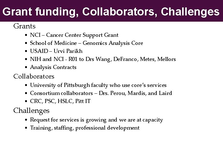 Grant funding, Collaborators, Challenges Grants • • • NCI – Cancer Center Support Grant