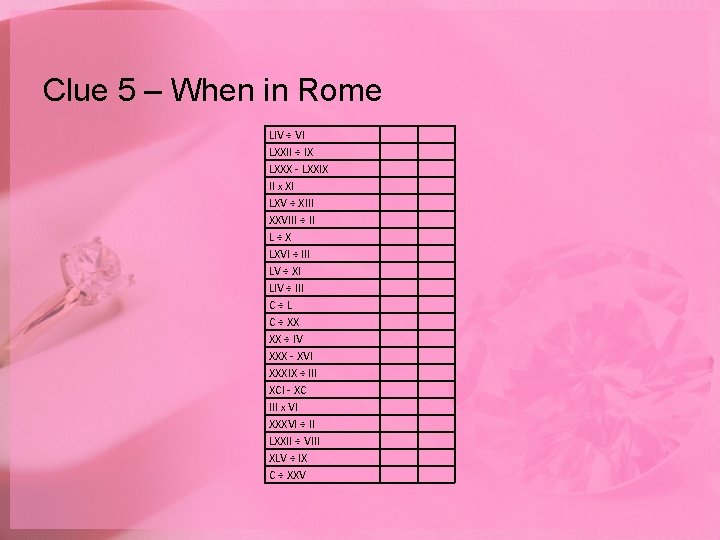 Clue 5 – When in Rome LIV ÷ VI LXXII ÷ IX LXXX -