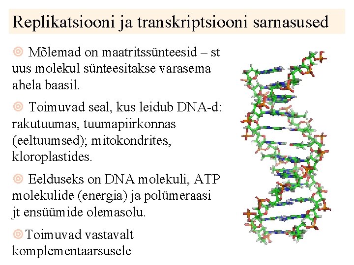 Replikatsiooni ja transkriptsiooni sarnasused Mõlemad on maatritssünteesid – st uus molekul sünteesitakse varasema ahela Replikatsiooni ja transkriptsiooni sarnasused Mõlemad on maatritssünteesid – st uus molekul sünteesitakse varasema ahela