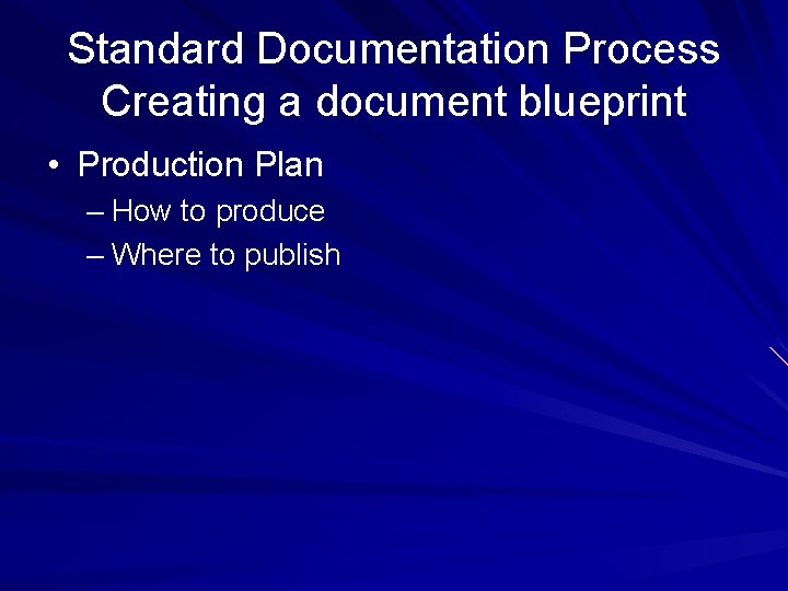 Standard Documentation Process Creating a document blueprint • Production Plan – How to produce