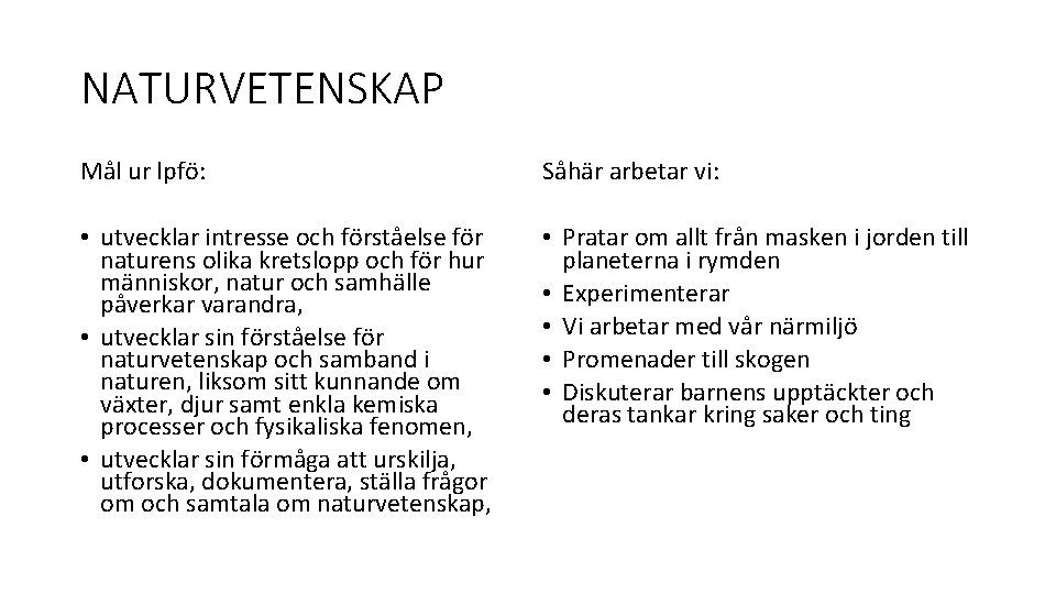 NATURVETENSKAP Mål ur lpfö: Såhär arbetar vi: • utvecklar intresse och förståelse för naturens