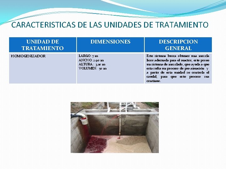 CARACTERISTICAS DE LAS UNIDADES DE TRATAMIENTO UNIDAD DE TRATAMIENTO HOMOGENIZADOR DIMENSIONES LARGO: 7 m