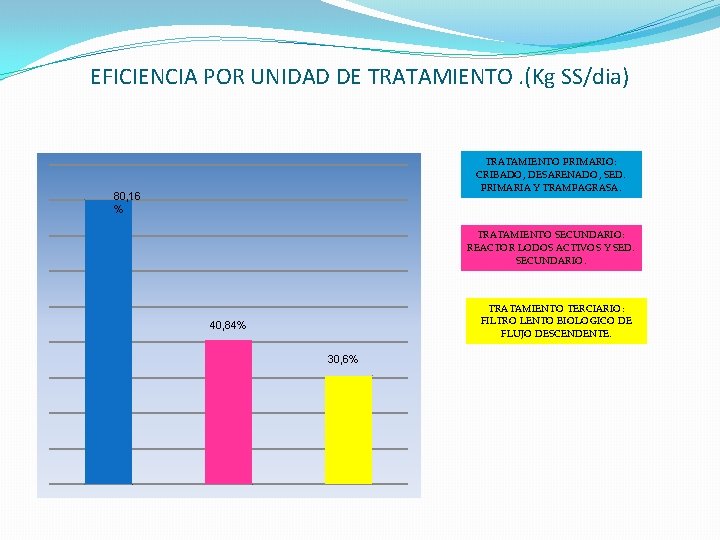 EFICIENCIA POR UNIDAD DE TRATAMIENTO. (Kg SS/dia) TRATAMIENTO PRIMARIO: CRIBADO, DESARENADO, SED. PRIMARIA Y