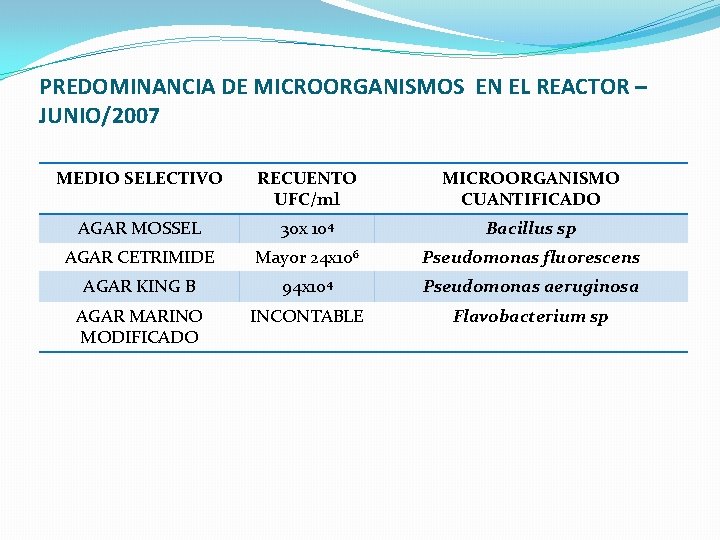 PREDOMINANCIA DE MICROORGANISMOS EN EL REACTOR – JUNIO/2007 MEDIO SELECTIVO RECUENTO UFC/ml MICROORGANISMO CUANTIFICADO
