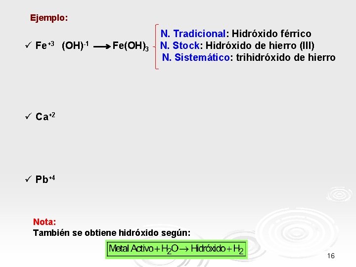 Ejemplo: N. Tradicional: Hidróxido férrico ü Fe+3 (OH)-1 Fe(OH)3 N. Stock: Hidróxido de hierro Ejemplo: N. Tradicional: Hidróxido férrico ü Fe+3 (OH)-1 Fe(OH)3 N. Stock: Hidróxido de hierro