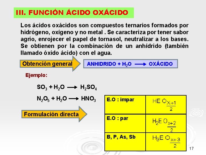 III. FUNCIÓN ÁCIDO OXÁCIDO Los ácidos oxácidos son compuestos ternarios formados por hidrógeno, oxígeno III. FUNCIÓN ÁCIDO OXÁCIDO Los ácidos oxácidos son compuestos ternarios formados por hidrógeno, oxígeno