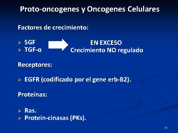 Proto-oncogenes y Oncogenes Celulares Factores de crecimiento: Ø Ø SGF TGF-α EN EXCESO Crecimiento Proto-oncogenes y Oncogenes Celulares Factores de crecimiento: Ø Ø SGF TGF-α EN EXCESO Crecimiento