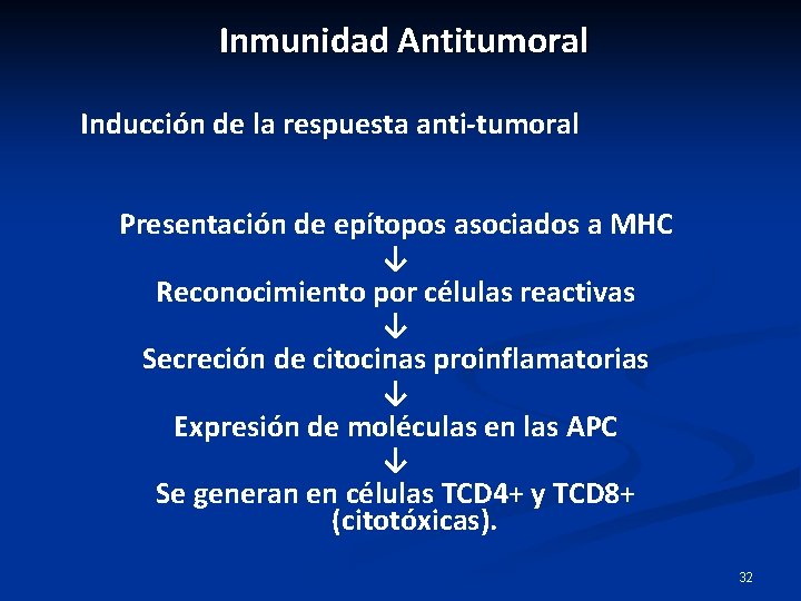 Inmunidad Antitumoral Inducción de la respuesta anti-tumoral Presentación de epítopos asociados a MHC ↓