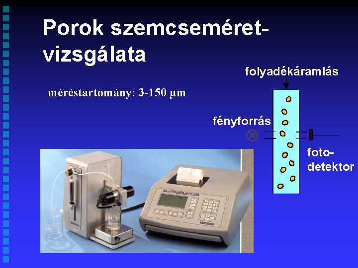 Porok szemcseméretvizsgálata folyadékáramlás méréstartomány: 3 -150 µm fényforrás fotodetektor 