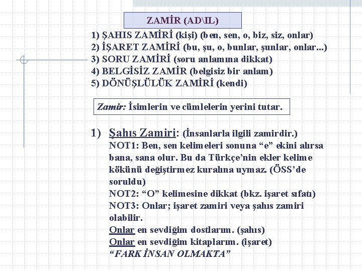 ZAMİR (ADIL) 1) ŞAHIS ZAMİRİ (kişi) (ben, sen, o, biz, siz, onlar) 2) İŞARET