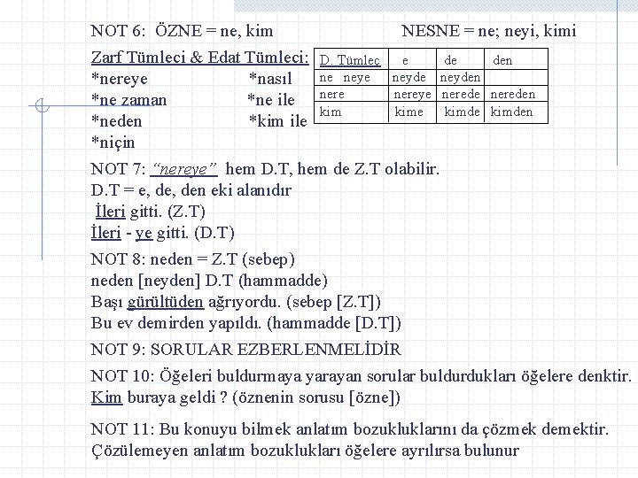 NOT 6: ÖZNE = ne, kim Zarf Tümleci & Edat Tümleci: *nereye *nasıl *ne