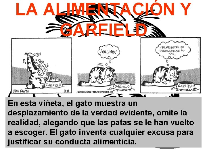 LA ALIMENTACIÓN Y GARFIELD En esta viñeta, el gato muestra un desplazamiento de la