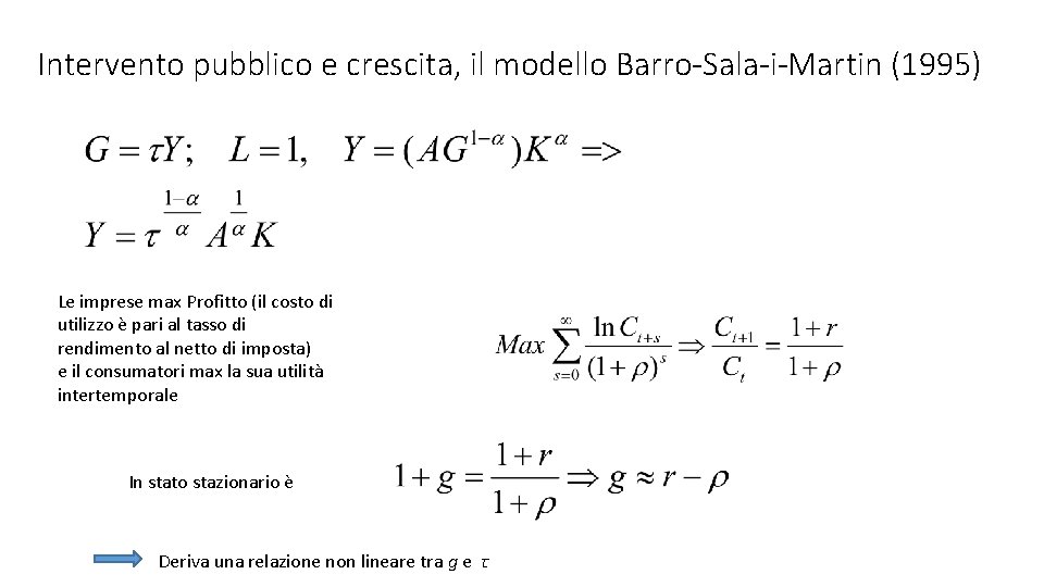 Intervento pubblico e crescita, il modello Barro-Sala-i-Martin (1995) Le imprese max Profitto (il costo