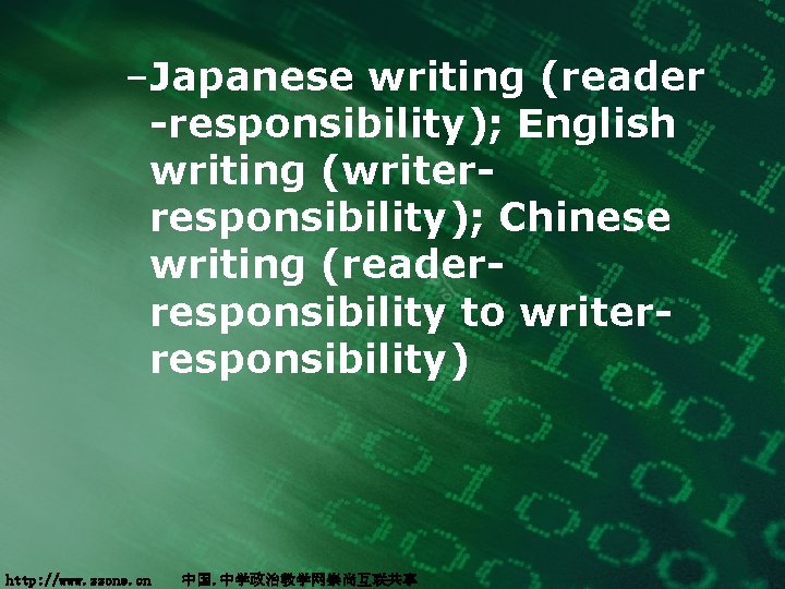 –Japanese writing (reader -responsibility); English writing (writerresponsibility); Chinese writing (readerresponsibility to writerresponsibility) http: //www.