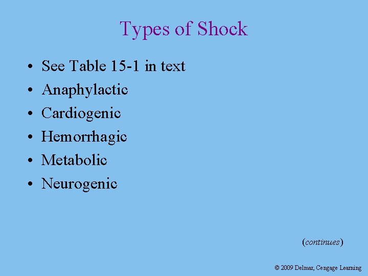 Types of Shock • • • See Table 15 -1 in text Anaphylactic Cardiogenic