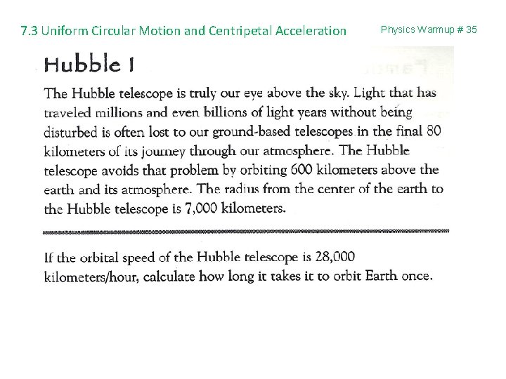 7. 3 Uniform Circular Motion and Centripetal Acceleration Physics Warmup # 35 