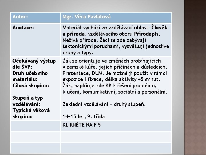 Autor: Mgr. Věra Pavlátová Anotace: Materiál vychází ze vzdělávací oblasti Člověk a příroda, vzdělávacího