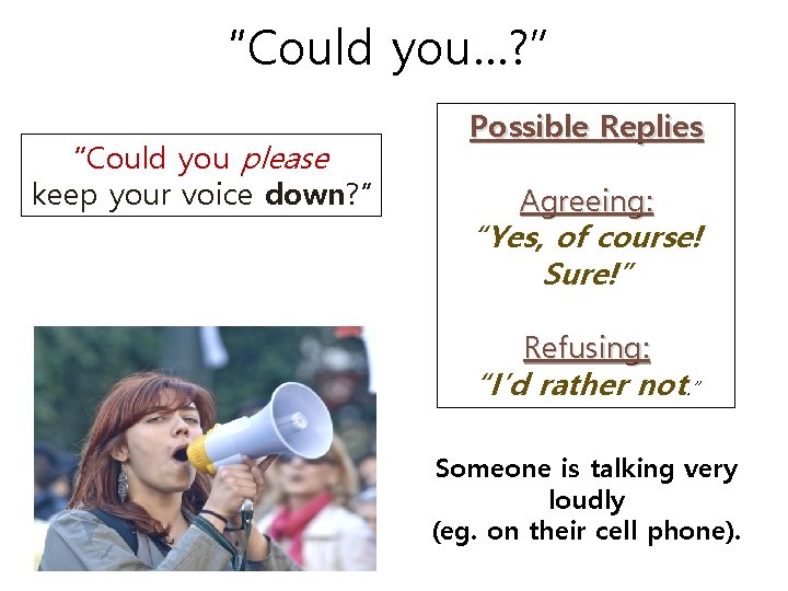 “Could you…? ” “Could you please keep your voice down? ” Possible Replies Agreeing: