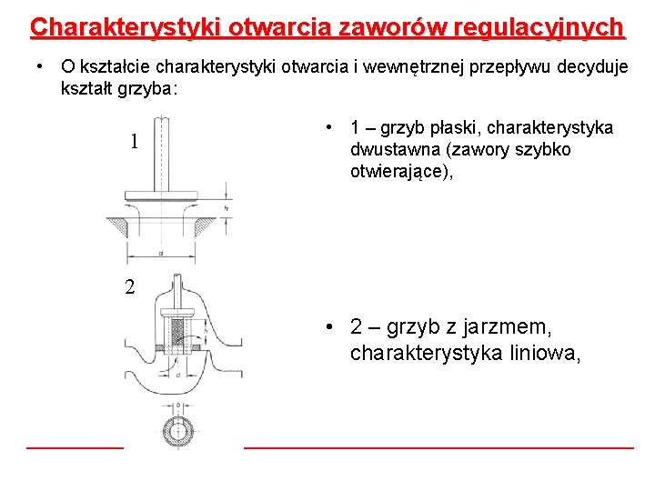 Charakterystyki otwarcia zaworów regulacyjnych • O kształcie charakterystyki otwarcia i wewnętrznej przepływu decyduje kształt Charakterystyki otwarcia zaworów regulacyjnych • O kształcie charakterystyki otwarcia i wewnętrznej przepływu decyduje kształt