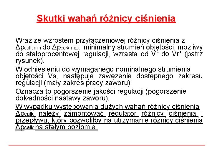 Skutki wahań różnicy ciśnienia Wraz ze wzrostem przyłączeniowej różnicy ciśnienia z Δpcałk min do