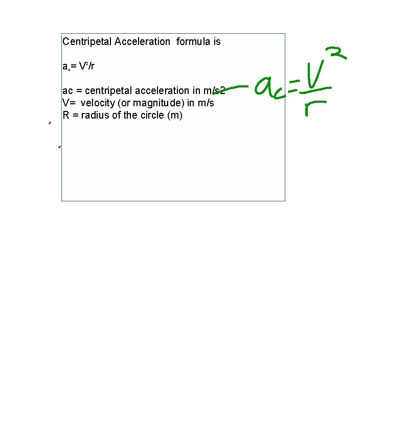 Centripetal Acceleration formula is ac= V 2/r ac = centripetal acceleration in m/s 2