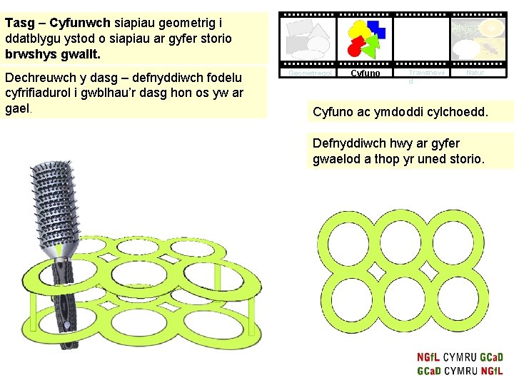 Tasg – Cyfunwch siapiau geometrig i ddatblygu ystod o siapiau ar gyfer storio brwshys