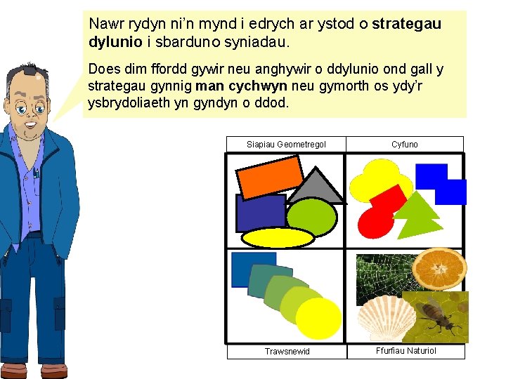 Nawr rydyn ni’n mynd i edrych ar ystod o strategau dylunio i sbarduno syniadau.