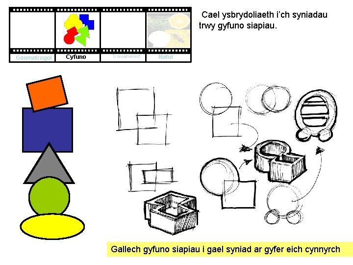 Cael ysbrydoliaeth i’ch syniadau trwy gyfuno siapiau. Geometregol Cyfuno Trawsnewid Natur Gallech gyfuno siapiau