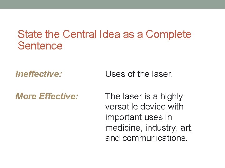 State the Central Idea as a Complete Sentence Ineffective: Uses of the laser. More