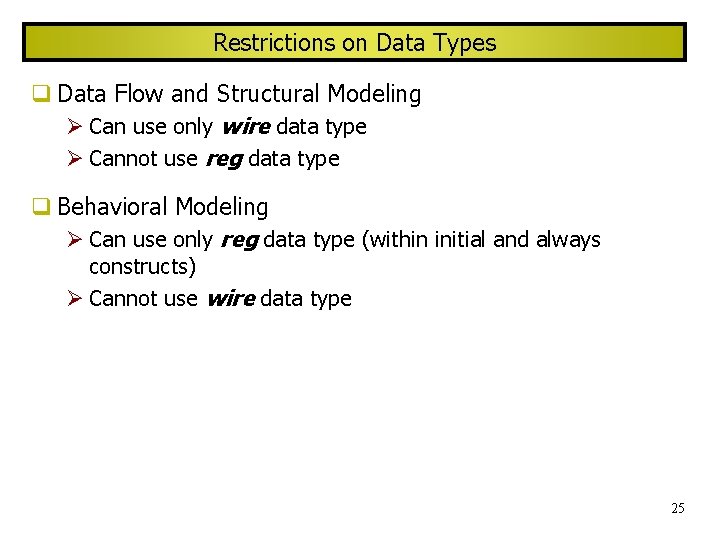 Restrictions on Data Types Data Flow and Structural Modeling Can use only wire data