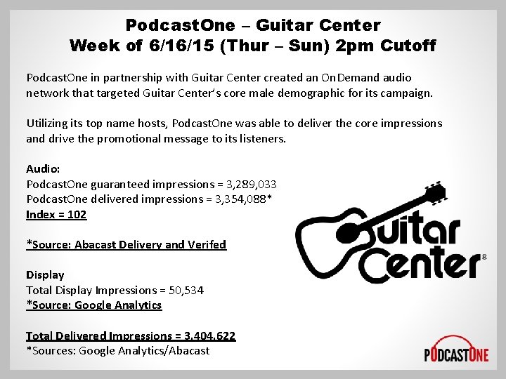 Podcast. One – Guitar Center Week of 6/16/15 (Thur – Sun) 2 pm Cutoff