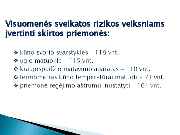 Visuomenės sveikatos rizikos veiksniams įvertinti skirtos priemonės: kūno svorio svarstyklės – 119 vnt. ūgio