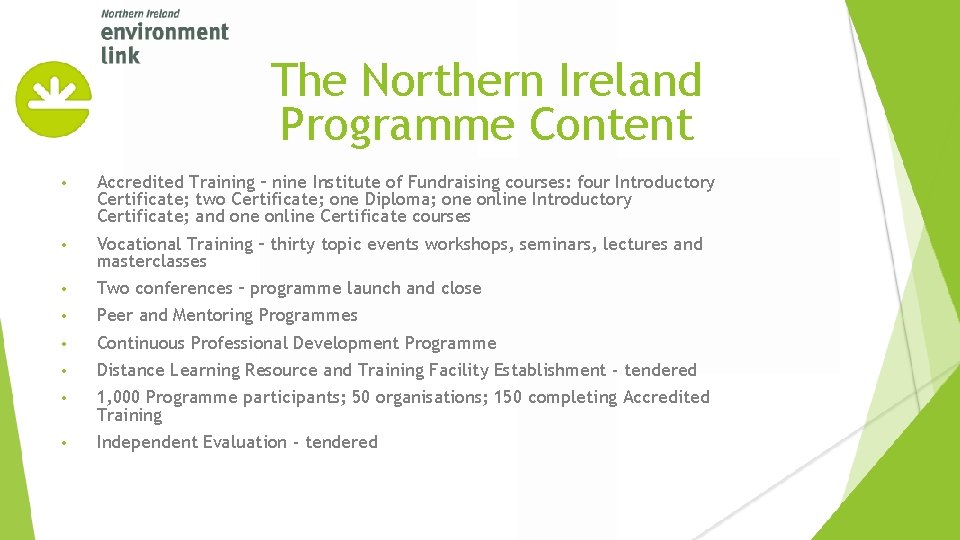 The Northern Ireland Programme Content • Accredited Training – nine Institute of Fundraising courses: