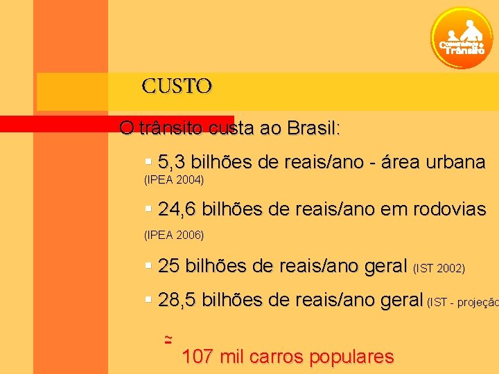 CUSTO O trânsito custa ao Brasil: 5, 3 bilhões de reais/ano - área urbana