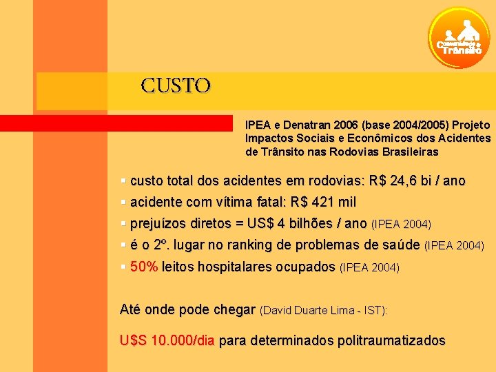 CUSTO IPEA e Denatran 2006 (base 2004/2005) Projeto Impactos Sociais e Econômicos dos Acidentes