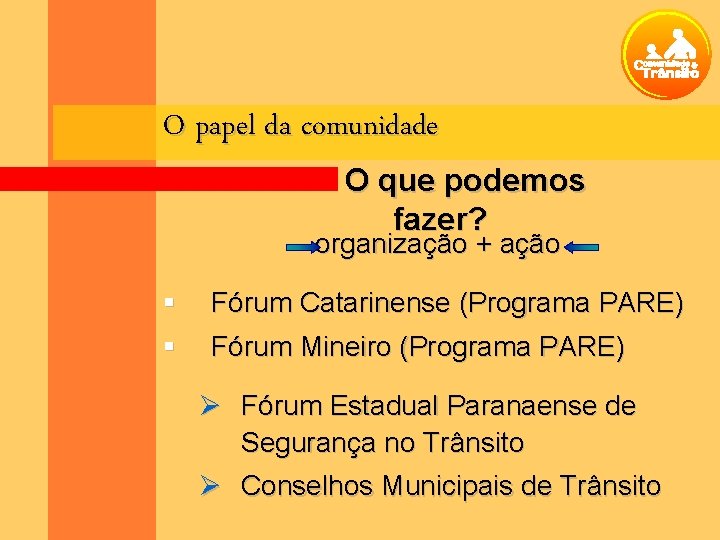 O papel da comunidade O que podemos fazer? organização + ação Fórum Catarinense (Programa