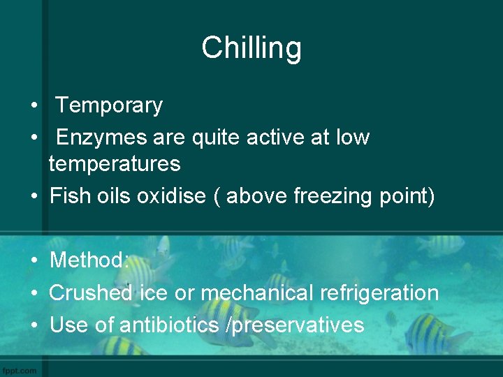 Chilling • Temporary • Enzymes are quite active at low temperatures • Fish oils