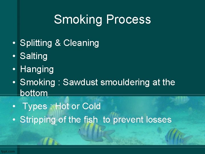Smoking Process • • Splitting & Cleaning Salting Hanging Smoking : Sawdust smouldering at