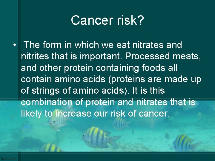 Cancer risk? • The form in which we eat nitrates and nitrites that is