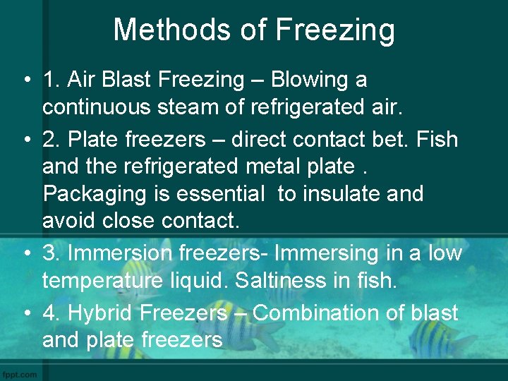 Methods of Freezing • 1. Air Blast Freezing – Blowing a continuous steam of