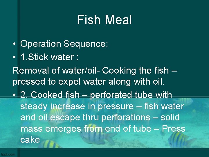 Fish Meal • Operation Sequence: • 1. Stick water : Removal of water/oil- Cooking